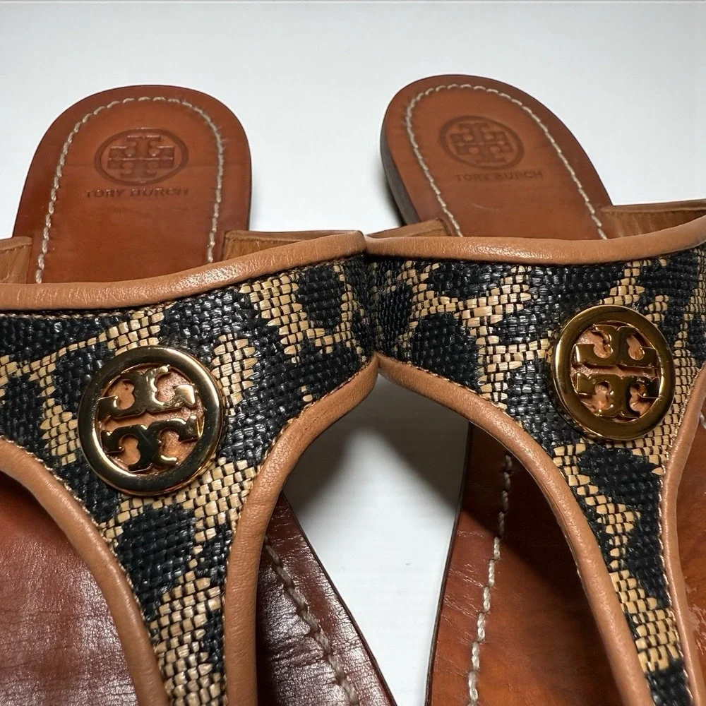 TORY BURCH Cameron Black Leopard Print Gold Logo Sandals Women's Size 9